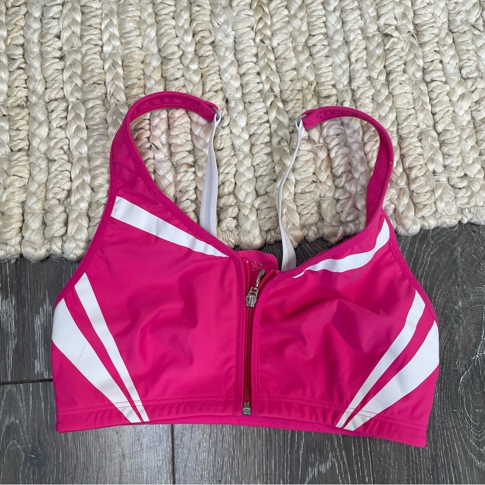 Nike sports bra zip up front closure size small strips athletic pink and white